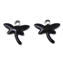 Conjunto de 10 pingentes de libélula em aço inoxidável esmaltado, cor preta, dimensões 11,5 x 12 x 1,5 mm, furo de 1,2 mm.