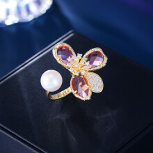 Luxe, lichtgewicht kristallen ring voor de wijsvinger, trendy ring met bloemmotief, open ring met micro-inleg van zirkonia en parels, modieuze ring