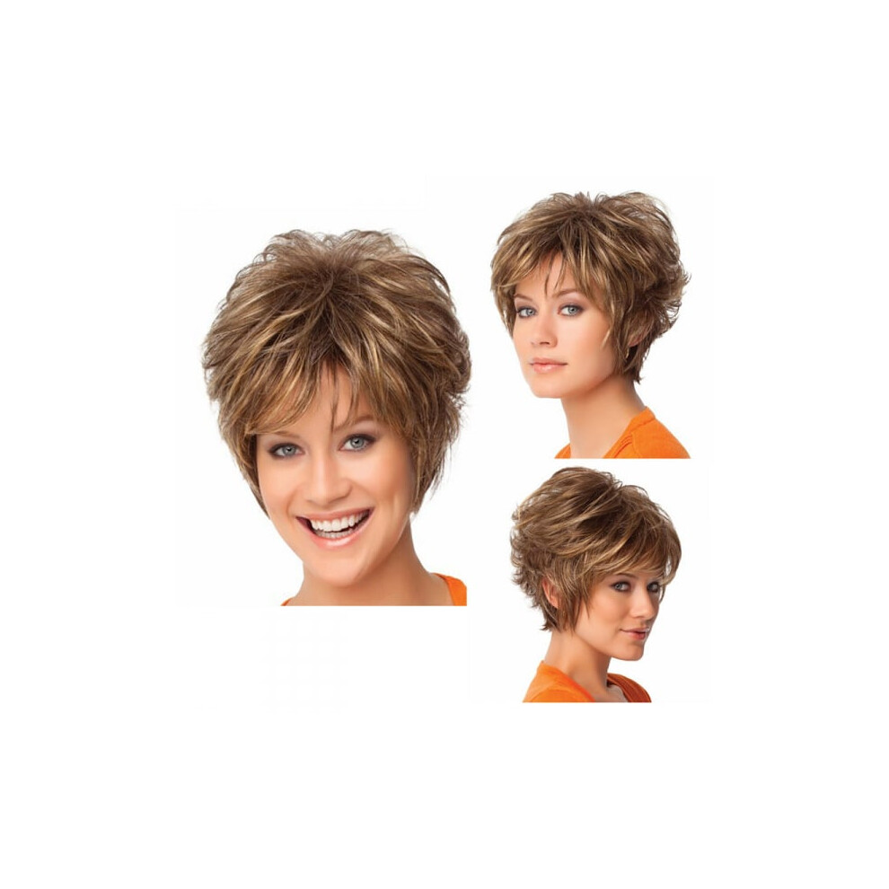 Unisex Brown Short Wig For Older Women Layered Synthetic Hair For Cosplay Old Lady