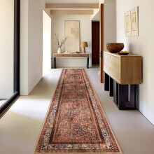 Boho Washable Non-Slip Hallway Runner Rug 2x10 ft, Dark Red - Vintage Distressed Accent for Kitchen, Entryway, Bedroom, Laundry compatible with home