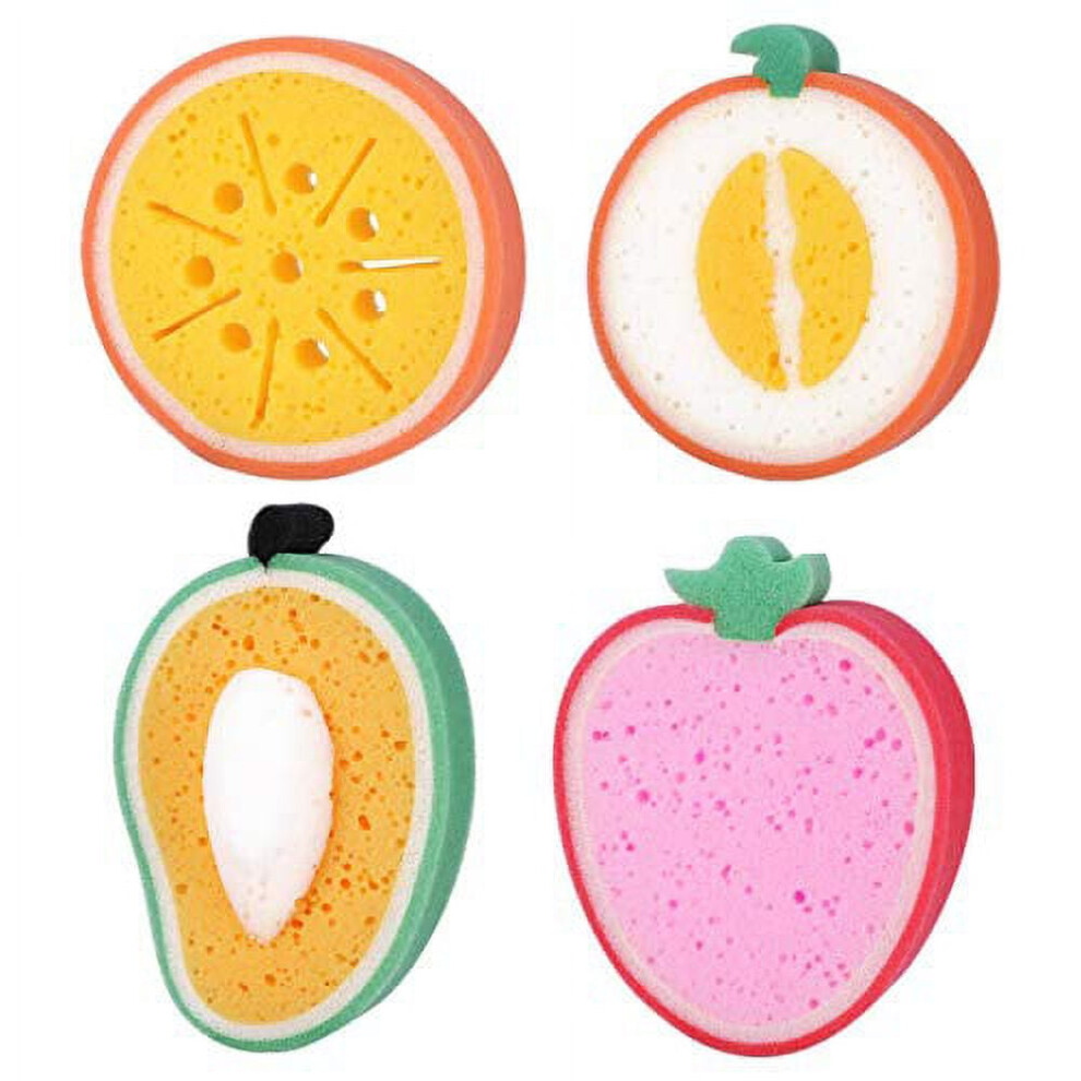 WOVTE Baby Bath Shower Sponge, Set of 4 Fun Assorted Fruit Ultra Soft Bath Sponges for Baby Toddler Kids Bathing, Orange/Strawberry/Mango/Peach