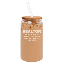 Gobelet à café glacé en verre de 473 ml (16 oz) en forme de canette, avec couvercle en bambou et paille. Cadeau amusant pour agent immobilier,