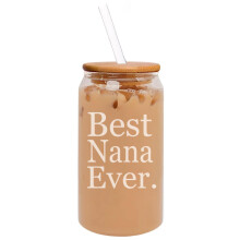 Gobelet à café glacé en verre de 473 ml (16 oz) en forme de canette, avec couvercle en bambou et paille. Cadeau idéal pour la meilleure