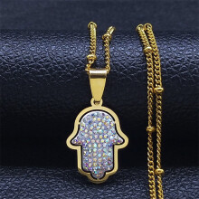 Vintage Europese en Amerikaanse Fatima handhanger met strasssteentjes, roestvrijstalen ketting voor dames en heren, vergulde ketting met blauw