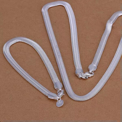 Conjunto de pulseira e colar RSAMD em prata, elegante e moderno, modelo cobra 6MM S84
