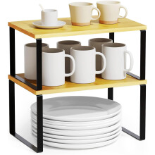 Lot de 2 organisateurs d'étagères de placard, étagère à épices empilable, étagères de rangement pour garde-manger (noir et naturel, court)