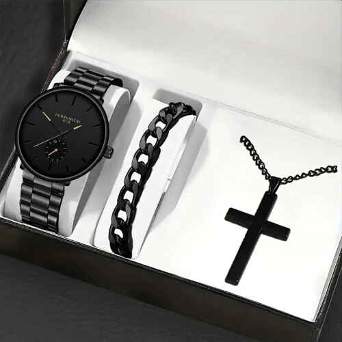 3 τεμάχια Ανδρικό Casual Simple Business Three-eye Digital Pointer Watch με Ατσάλινο Μπρασελέ και Σταυρό,