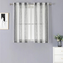 Perdele de bucătărie, 76 cm, set de 2, perdele transparente cu dungi geometrice verticale și buzunar pentru tijă, texturate cu in rustic,