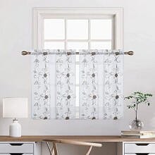 Witte gordijnen van 61 cm (24 inch) met korte mouwen, geborduurd bloemenmotief en pompons, semi-transparant, 2 panelen, 66 cm breed x 61 cm lang, met