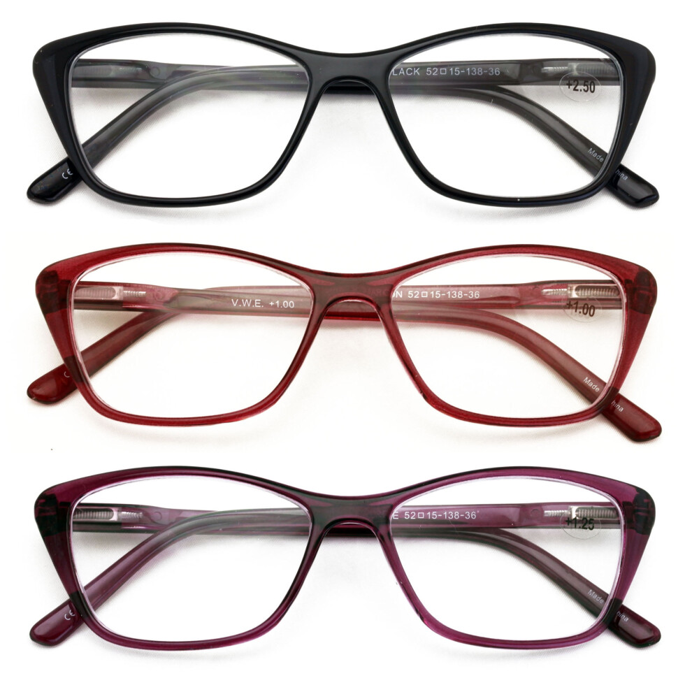 3 Pairs Women Lightweight Cateye Reading Glasses - Clear Lens Reader Spring Hinge Temple 7020 +2.75