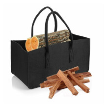 Black Felt Firewood Basket with Pocket for Fireplace Logs and Newspaper Storage
