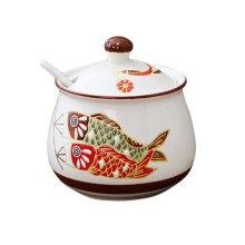 Porcelain Sugar Bowl with Lid Hand Painted Ceramic Spice Jar Embossed Design for Coffee Bar Fish