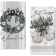 BaiTrend Winter Wreath Glove Kitchen Dish Towels Set 2 Get Cozy Berry Buffalo Plaid Bow Snowflake Hand Drying Baking Cooking Cloth Christmas Holi