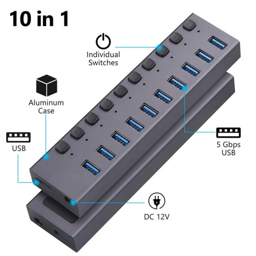 USB 3.0 splitter met 10 poorten, oplaad- en multi-interface hub met schakelaar. 2