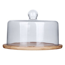 Juego de bandeja de madera con tapa para soporte de pasteles con cúpula de cristal