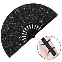Ventaglio pieghevole grande nero glitterato da 33 cm con fondina - Festival, club, feste, cosplay ed eventi di danza