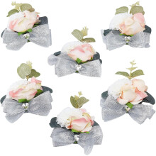 Conjunto de Corsage de Flores para Pulso de Dama de Honra, Pulseira Elástica com Corsage, Decoração de Pulso para Convidadas da Noiva (Rosa, 6