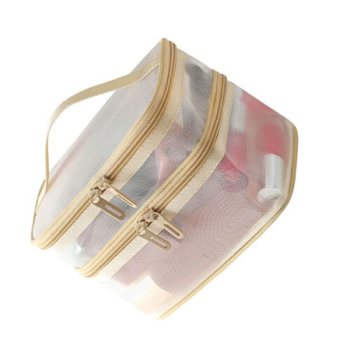 Neceser de malla de doble capa color beige. 1