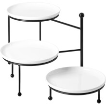 Soporte de servicio de 3 niveles con platos de porcelana blanca y soporte de bandeja de metal negro, 20 x 20 cm. Compatible con bandejas de 20 x 20