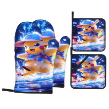 Luvas de forno e pegadores de panela Pikachu, conjunto de 4 peças, resistentes ao calor, ideais para micro-ondas, com protetores antiderrapantes
