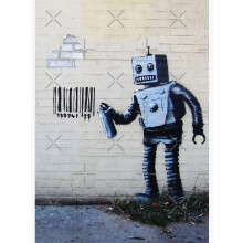 Banksyho graffiti s úsměvem, robot a čárové kódy, rezidence Better Out Than In New York City na cihlové zdi, rámovaný-nerámovaný