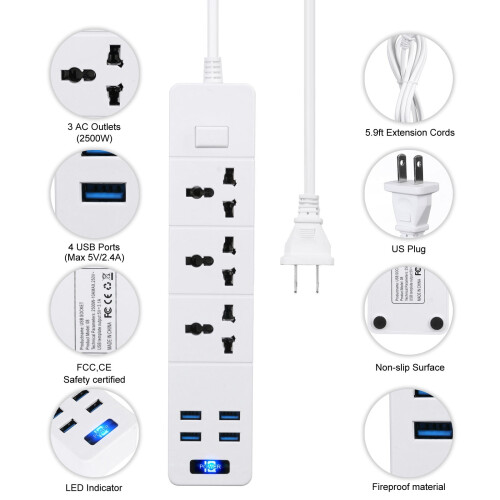 XIAOLE Πολύπριζο Προστασίας από Υπερτάσεις, 3Outlet4USB, 2500W με Καλώδιο Προέκτασης, 2