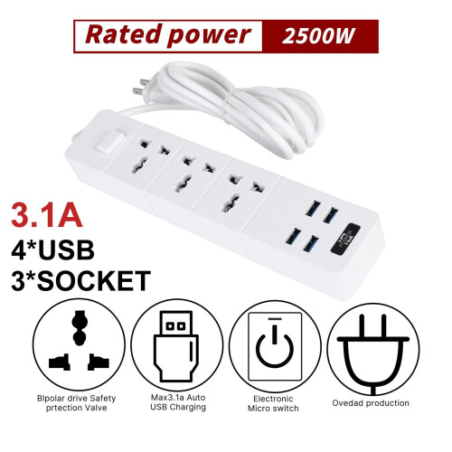 XIAOLE Πολύπριζο Προστασίας από Υπερτάσεις, 3Outlet4USB, 2500W με Καλώδιο Προέκτασης,