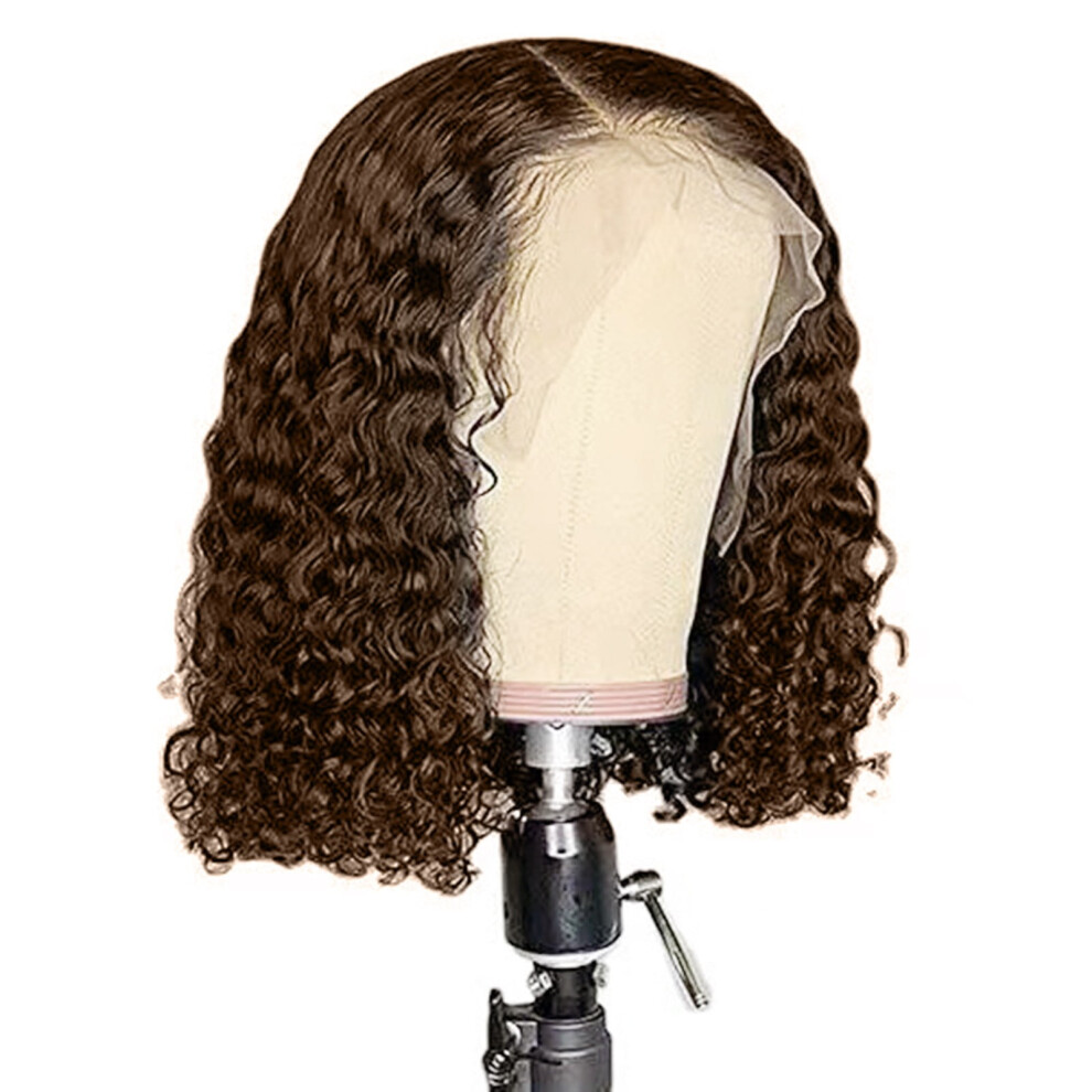 WSBDENLK Wigs for Women Clearance Small Roll Front Lace Mesh Button Wrap Stick Soft Human Hair Wig, Deep Wavy 16" Light Brown