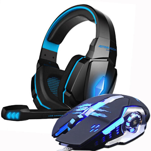 Casque de jeu avec microphone + souris de jeu bleue