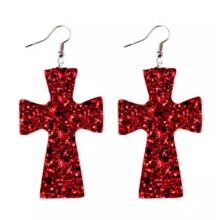 RSAMD Glitter Sequins Leather Cross Dangle Earrings for Women Classic Party Jewelry-Red
