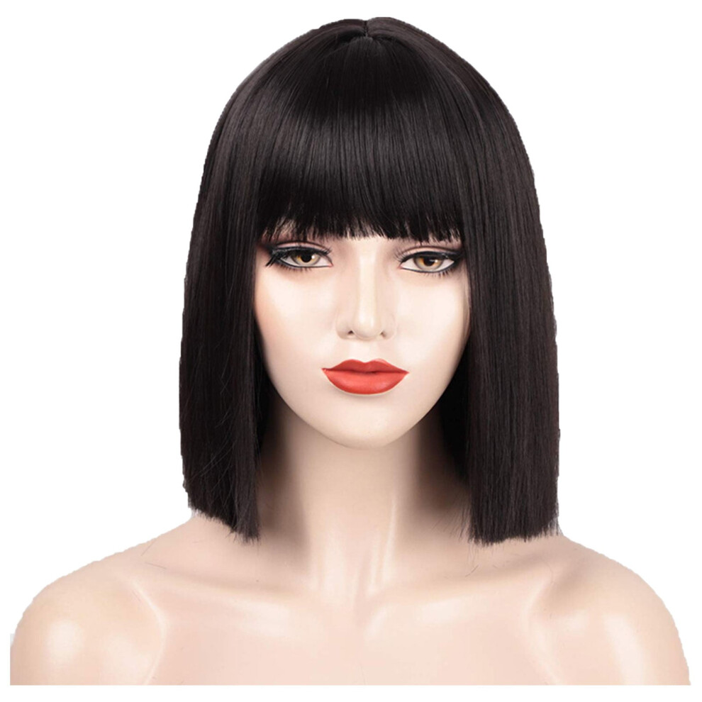 Unisex Black Tkrady Wigs For Women Human Hair, Short Straight Hair With Flat Bangs Bob Wig Headcover Lace Front Wigs,