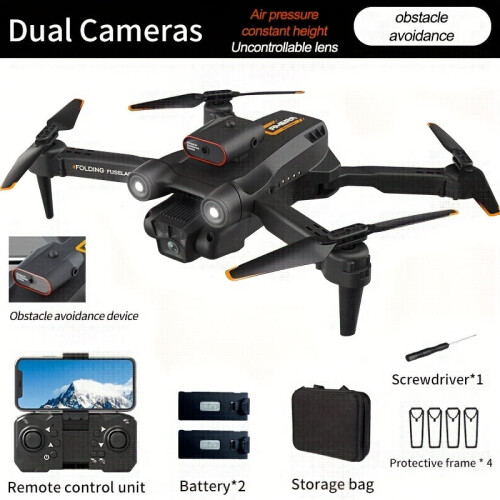 Μαύρο πτυσσόμενο drone με διπλή κάμερα, αποφυγή εμποδίων 360, ηλεκτρικά ρυθμιζόμενο,