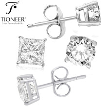 Tioneer Sterling Silver 925 Solid Round or Square Brilliant Cut CZ Men Women Ear Stud Earrings