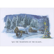 Designer Greetings of the Season: Horse Drawn Sleigh in Winter Village Box of 15 Christmas Cards