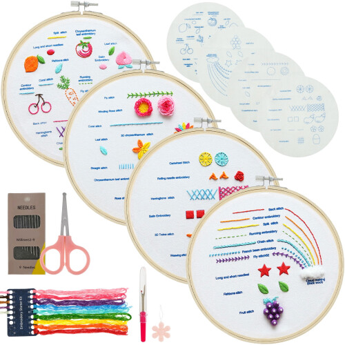 Duety 4Pcs Embroidery Starter Kit for Beginners, Colorful Patterns, Hoop, Scissors, Threads, Needles, Compatible with Craft Gifts