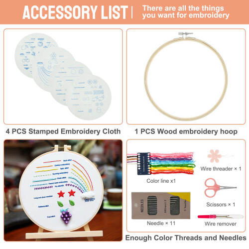 Duety 4Pcs Embroidery Starter Kit for Beginners, Colorful Patterns, Hoop, Scissors, Threads, Needles, Compatible with Craft Gifts 1