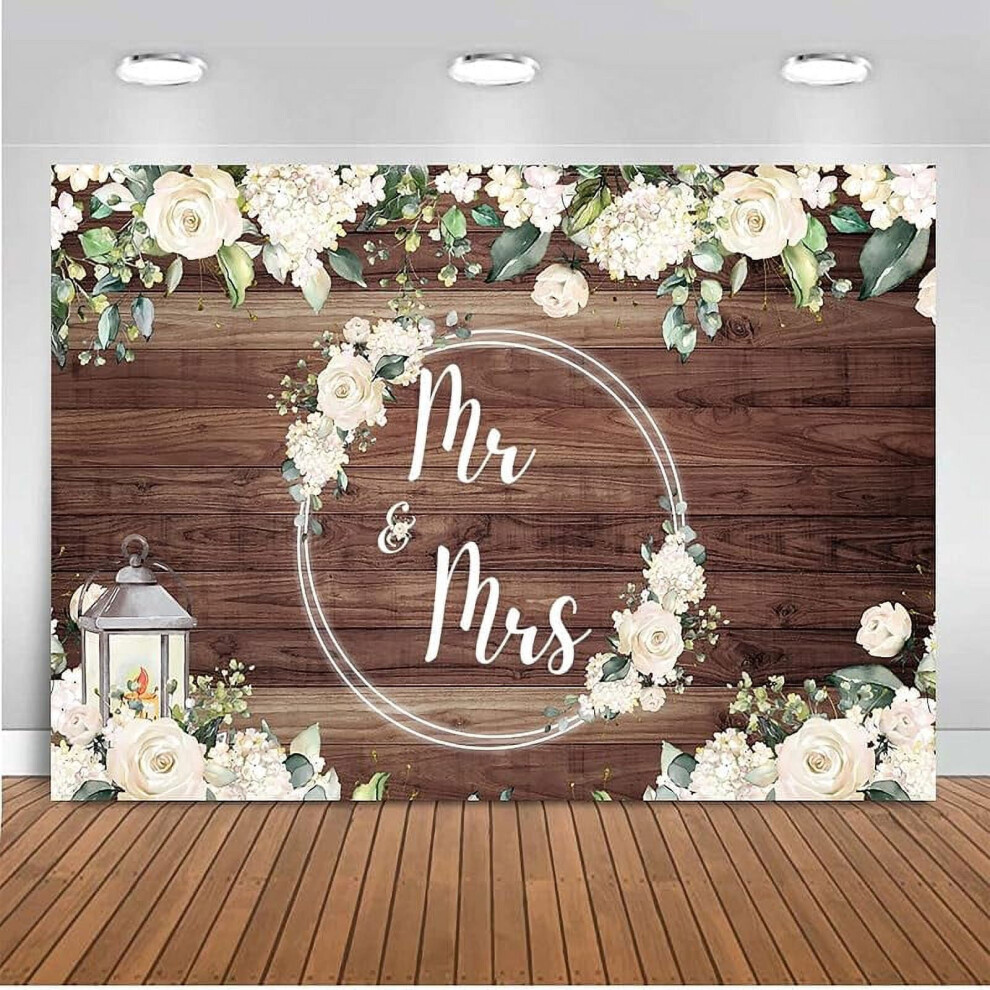 Custom 7X5 Ft Mr & Mrs Backdrop, Rose Floral Wooded Wall For Wedding, Bride, Groom, Anniversary, Bridal Shower, Photo Studio (Compatible With White 9071309669381