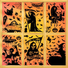Décorations pour fenêtres d'Halloween - Faucheuse noire, squelette, fantôme et chauve-souris - Autocollants pour vitres pour la Fête des Morts