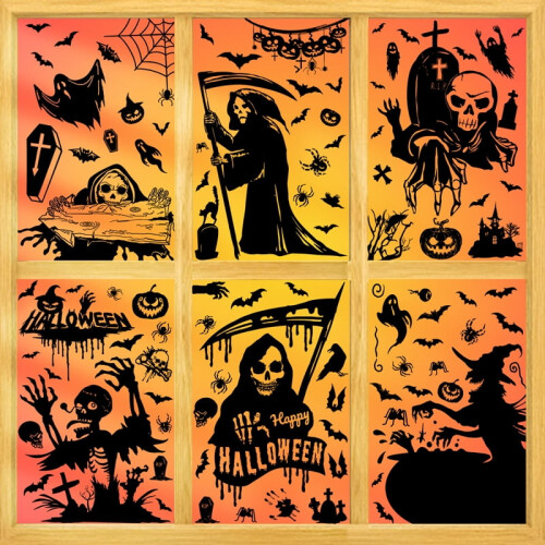 Προσαρμογές παραθύρου για το Halloween - Μαύρα αυτοκόλλητα από γυαλί Grim Reaper, Skeleton, Ghost