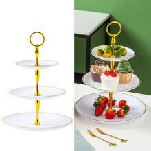 Hariumiu 3-laags cupcakehouder, goudkleurige plastic desserttoren met metalen stang, geschikt voor bruiloften, babyborrels en verjaardagsfeesten.