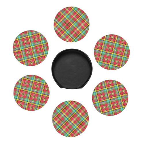6 τεμάχια δερμάτινα σουβέρ, σουβέρ Madras Diagonal Plaid Pixeled για ποτά, μαξιλάρι για ποτήρια, 2