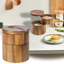 Boîte de rangement pour poivre en bois avec cuillère intégrée et couvercle pivotant magnétique.