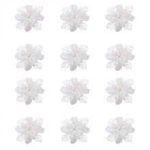 mnjin 12 pcs artificial christmas flowers decorations glitter xmas tree flower ornaments white christmas holiday decoration flowers Yellow