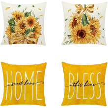 Set van 4 sierkussenhoezen met zonnebloemmotief, decoratieve gele linnen sierkussenhoes voor buiten, lente/zomer, geschikt voor bank, slaapkamer en
