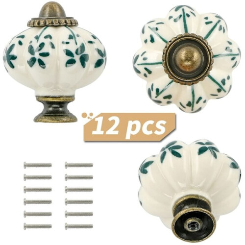 12-pack Ivory and Green Ceramic Knobs - Pumpkin Cabinet Knobs Retro Dresser Knobs - Vintage Drawer Pulls with Screws for Cabinet Drawer Wardrobe 2