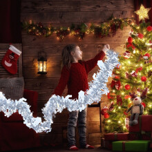 Colorful Snowflake Tinsel Garland 2m, Set of 6 - Perfect for Parties & Weddings, Pinstripe Ribbon Plastic Wool Pull Flower