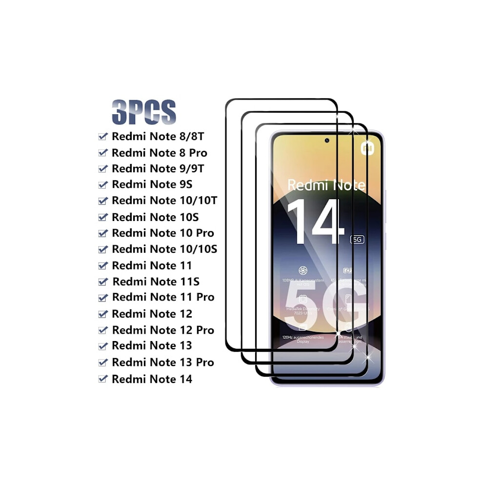 3Pcs Tempered Glass For Compatible With Xiaomi Redmi Note 8/9/10 Pro, 8T, 10T, 9S, 10S, 14 4G/5G, 13, 12, 11 Pro, 11S, 12S - Black 9395123881119