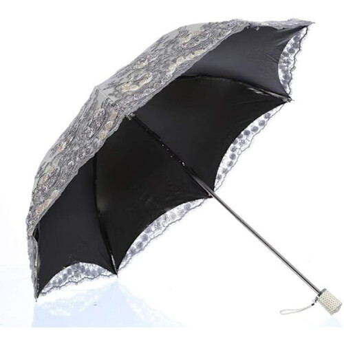 Hopfällbart UV-parasoll Snö/Regn/Solparasoll Broderat Bröllopsparaply Grå 2