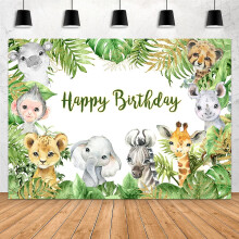Sfondo safari giungla animali 7x5 piedi Buon compleanno foglie verdi tropicali Fotografia di neonati e bambini