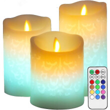 Vela LED que cambia de color con diseños tallados - Velas sin llama de cera real con mecha móvil parpadeante y temporizador remoto.